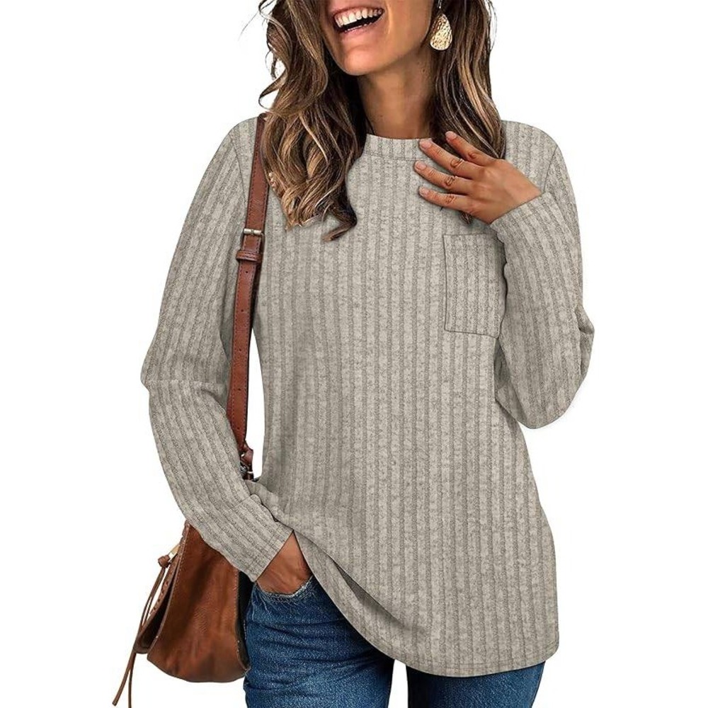 Aokosor Ribbed Knit Top Women Large Grey Long Sleeve Pocket Crew Neck Casual